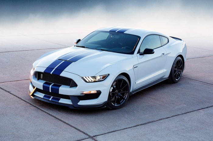 White Ford Mustang Shelby GT350 with Blue Stripes