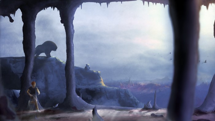 Fantasy cave landscape with creatures and a person