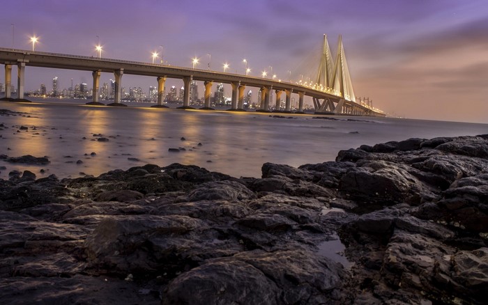 Bandra-Worli Sea Link bridge at dusk with Mumbai cityscape