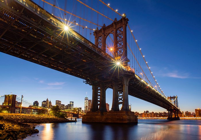 Manhattan Bridge at Dusk with New York City Skyline
