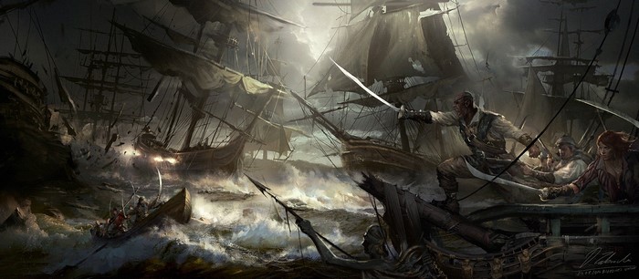 Pirate ships in a naval battle