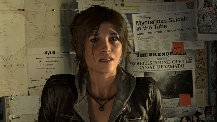 Lara Croft from Tomb Raider in front of a map and newspapers