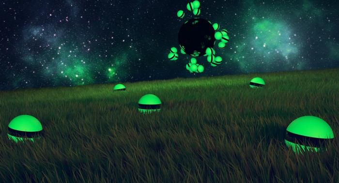 Alien spheres on a grassy field under a starry sky