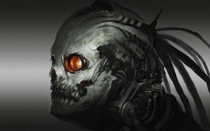Cyborg skull with glowing orange eye and wires