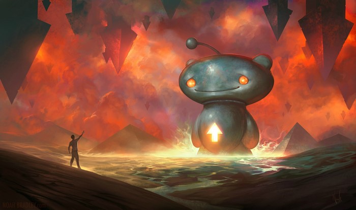 Reddit Snoo artwork with pyramids and fiery sky