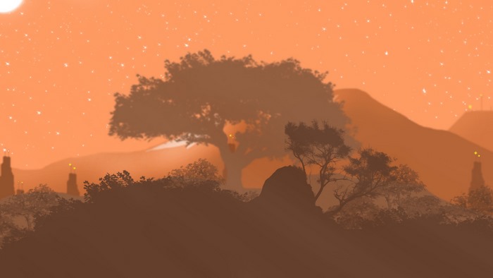 Fantasy landscape with trees and mountains at sunset