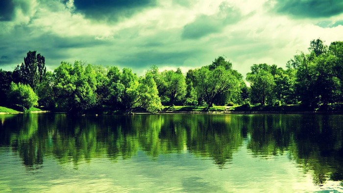 Lake with trees and cloudy sky