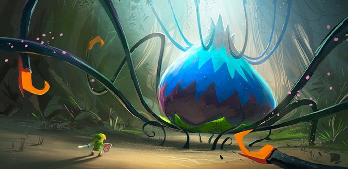 Link from The Legend of Zelda: The Wind Waker with a giant plant