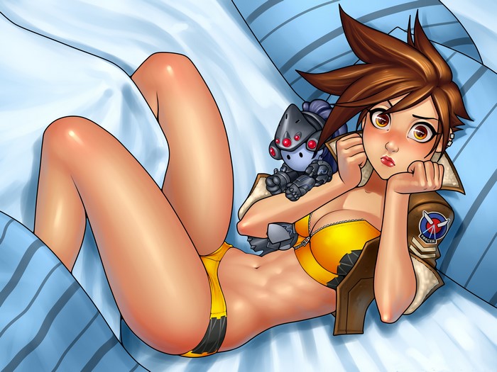 Tracer from Overwatch in bed with a robot