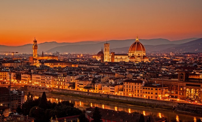 Florence cityscape at sunset with Arno River