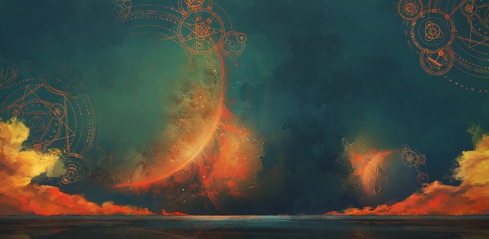 Cosmic sky with celestial orbs and magical circles