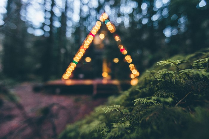 A-frame tent decorated with string lights in a forest