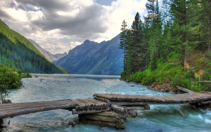 Wooden bridge over a river in a mountain valley with forest