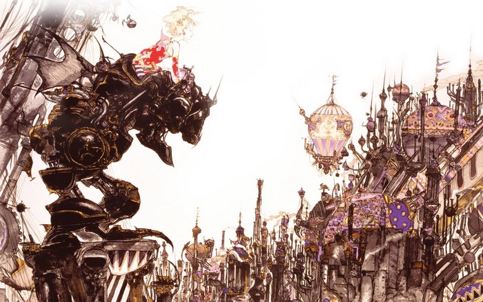 Girl riding a mechanical beast over a fantastical city