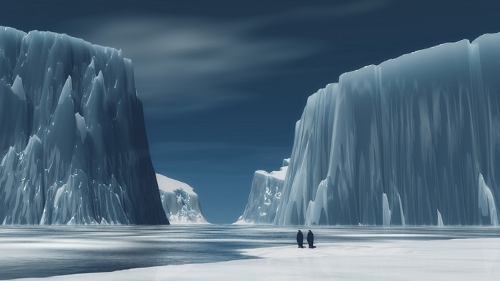 Two penguins on an icy landscape with icebergs