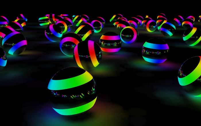 Digital art of colorful striped balls on a dark surface