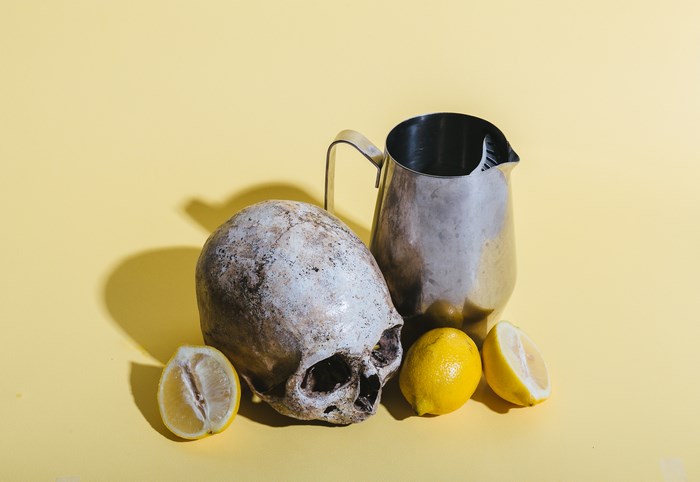 Still life with skull, lemons, and metal jug