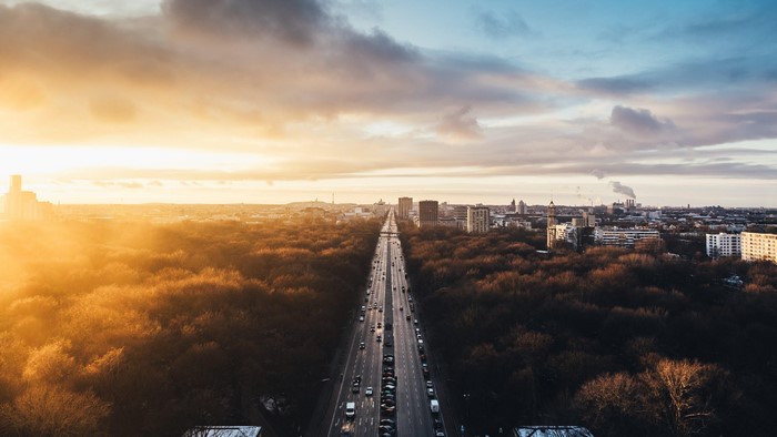 Aerial view of Berlin highway at sunset