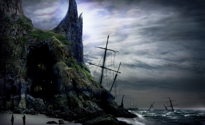 Fantasy shipwreck cave with pirates