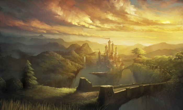 Fantasy castle on a floating island at sunset