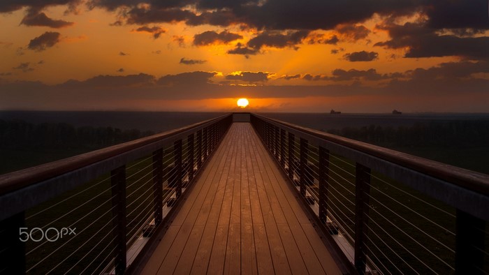 Wooden walkway towards sunset over the ocean