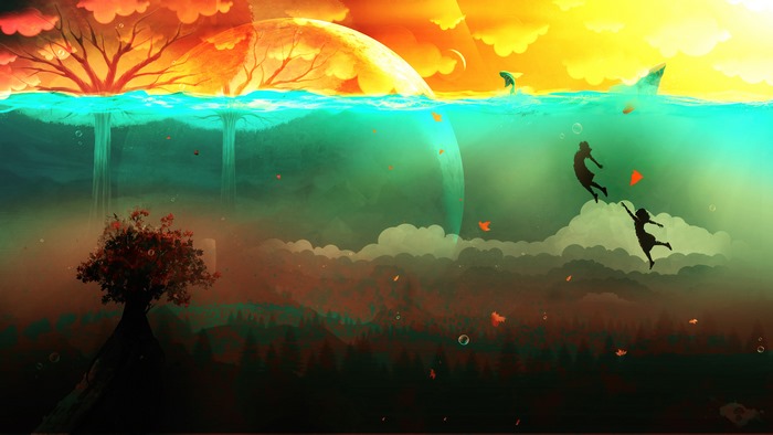 Surreal underwater scene with trees, clouds, and flying figures