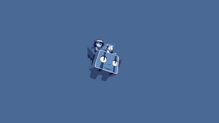 Two characters riding a cube-like creature