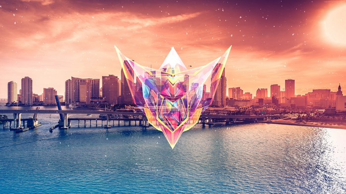 Crystal geometric shape over Miami skyline