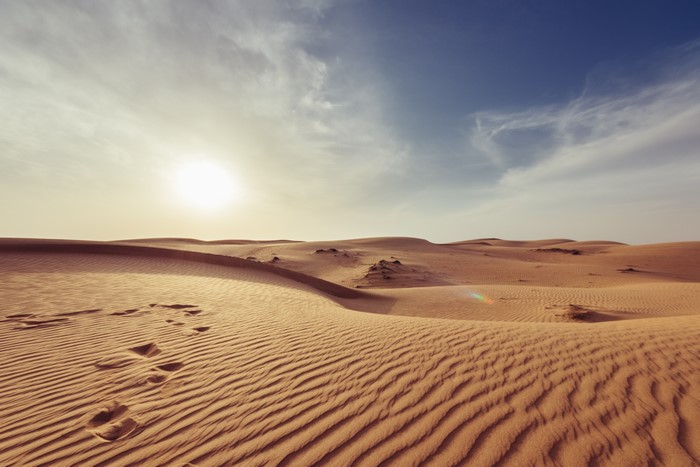 Desert sand dunes under a bright sky