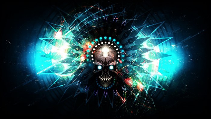 Digital art skull with abstract blue and green lights