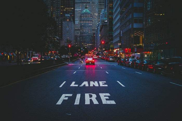 New York City street at night with fire lane marking