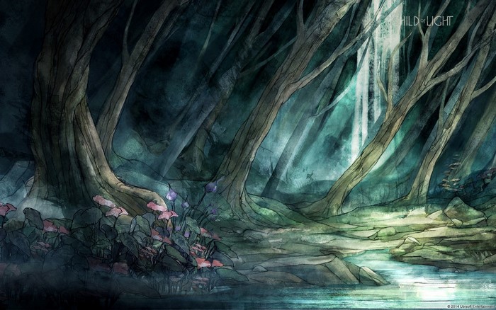 Child of Light forest waterfall