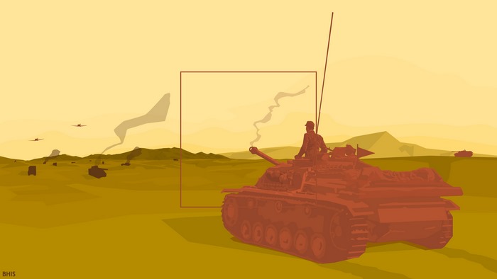 Minimalist war scene with tank and planes