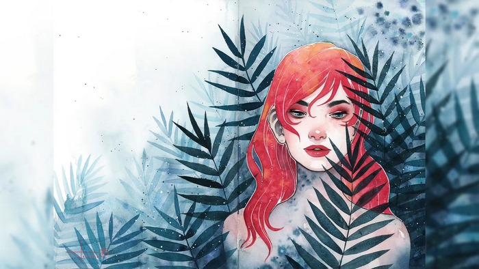 Watercolor painting of a redhead woman with plants
