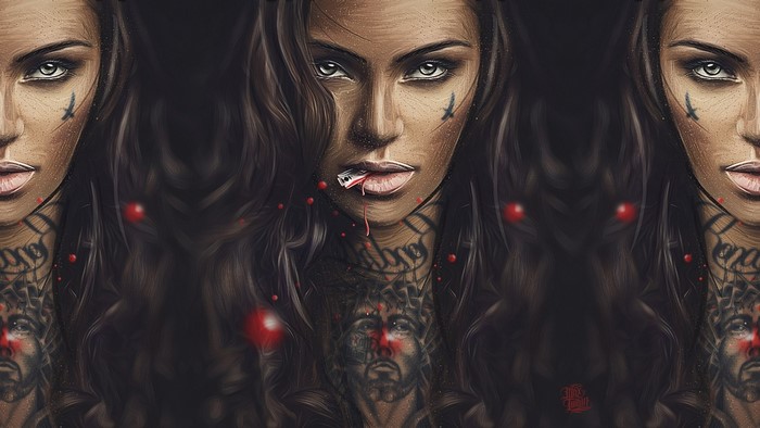 Artwork of a woman with tattoos and a razor blade