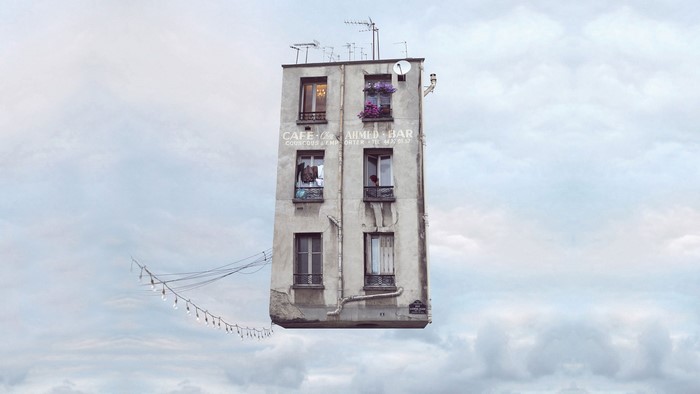 Surreal floating building with cafe sign in cloudy sky