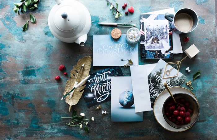 Christmas Tea and Festive Greeting Cards Flatlay