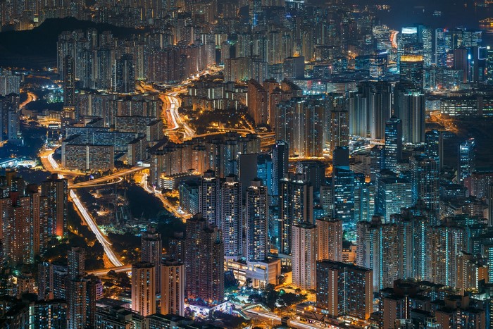 Cityscape with Hong Kong city lights at night