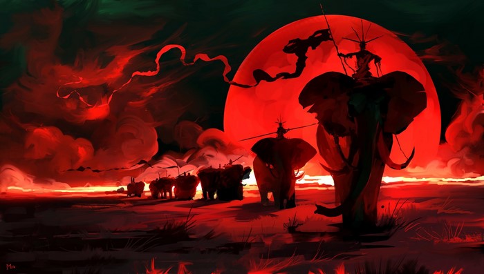 Fantasy art of elephants and riders under a red moon
