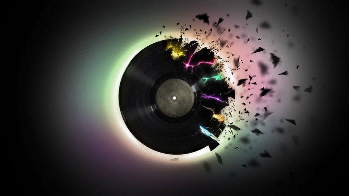 Exploding vinyl record with colorful lightning