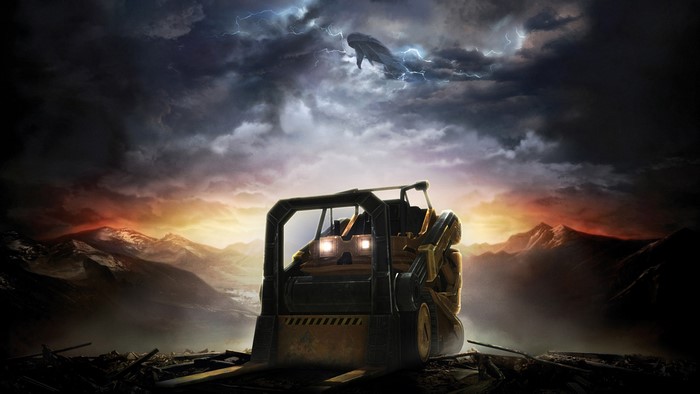 Forklift in a stormy landscape with a creature in the sky