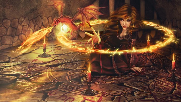 Sorceress and dragon casting fire magic with candles
