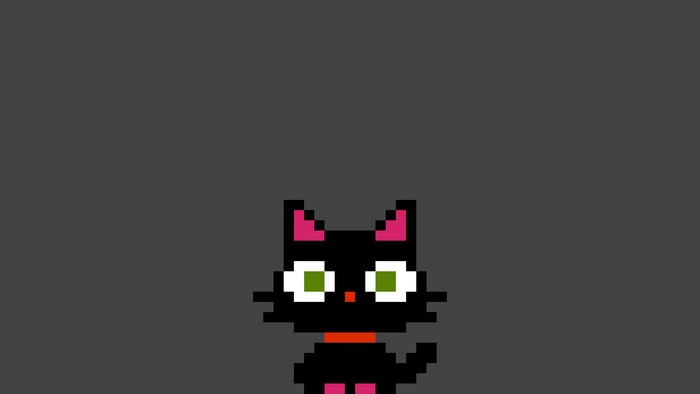 Pixel art black cat with green eyes