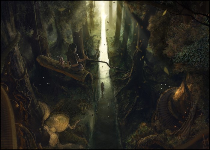 Fantasy art of a girl on a log swing in a forest