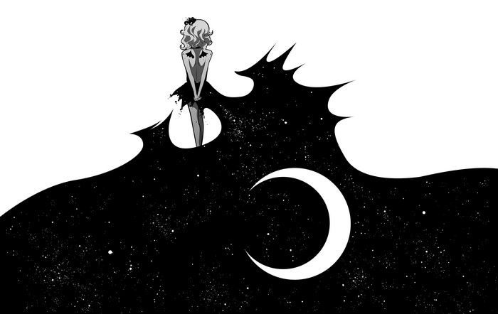 Girl in black dress with moon and stars