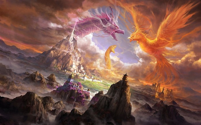 Epic Battle Between Fiery Phoenix and Mystic Dragon
