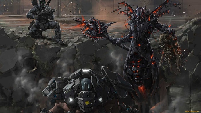 Soldier and cyborg monsters in a ruined city