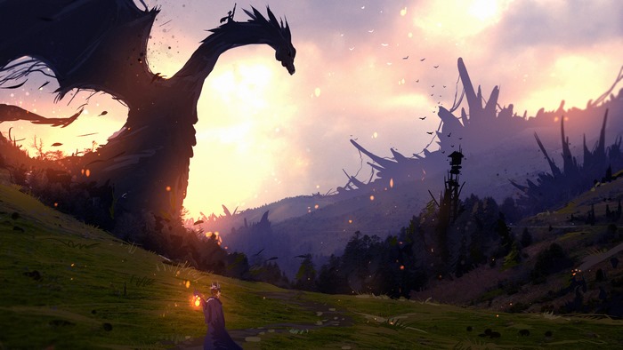 Dragon and wizard in a fantasy landscape at sunset