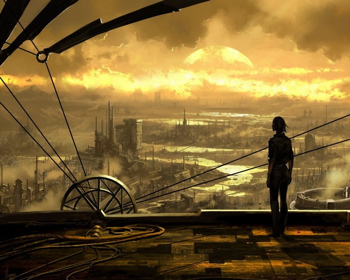 Steampunk cityscape with a lone figure overlooking the view