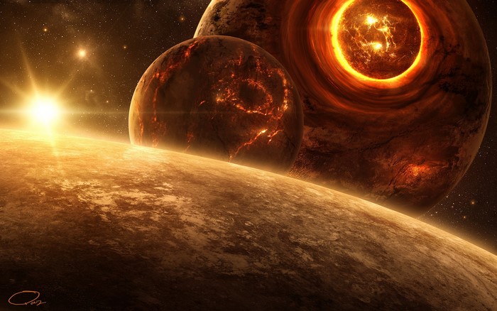 Planets and a sun in a galaxy